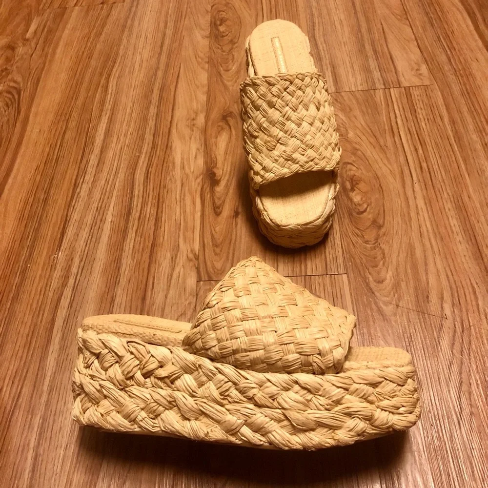 NWOB Loeffler Randall Natural Woven RAFFIA Aaron Platform Slide Sandals
